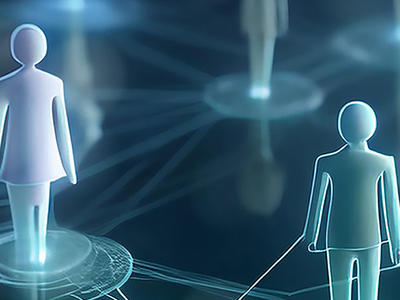 A computer generated image of 3d people icons (both male and female) spread out and standing on a dark blue field. The people icons are standing on glowing circles colored light blue below their feet, and the various circles are connected by light blue lines. The image is meant to convey connections between people.